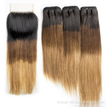 Brazilian Hair Bundles With Closure T1b/4/27 Ombre Color Human Hair 3 Bundles With Closure Remy 4x4 Lace Closure With Bundles